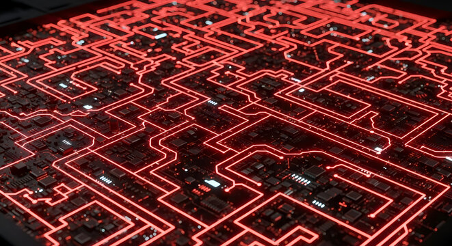 Dynamic abstract digital circuit board with glowing red pathways symbolizing data flow and technological innovation