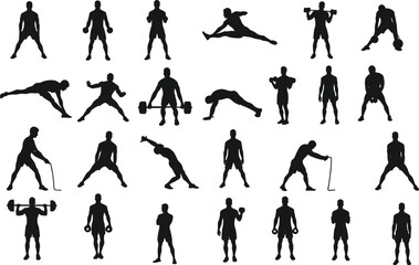 Black silhouettes of men performing various fitness exercises and sports activities