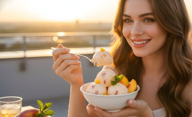 A beautiful smiling woman with warm hair enjoys a bowl of peach-flavored ice cream, garnished with fresh mint, against a beautiful golden sunset backdrop.