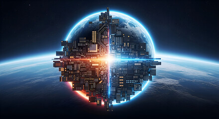 Futuristic digital cityscape emerges from Earth's atmosphere, symbolizing global connectivity and advanced technology