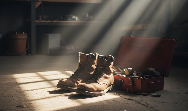 A pair of worn leather work boots and an open red toolbox filled with various hand tools sit on a dusty floor, illuminated by dramatic sunlight rays in a workshop.