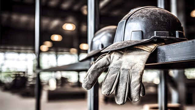 Close-up of a dark, dusty hard hat and worn leather work gloves resting on a beam inside a dimly lit factory, symbolizing heavy industry and labor.
