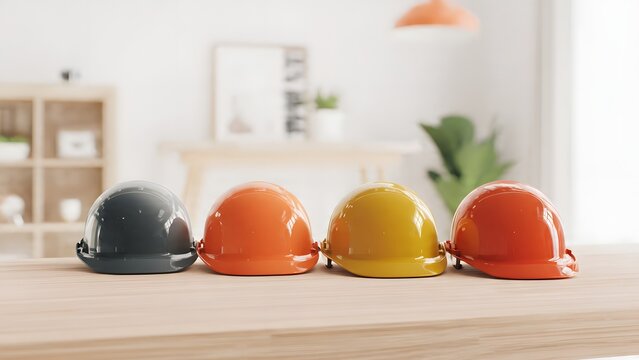 Four colored hard hats gray, orange, yellow, red neatly aligned on a wooden desk in a bright, modern interior, representing essential safety, quality assurance and project management standards.