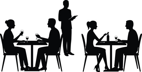 Black silhouettes of people dining at tables and a waiter taking an order in a restaurant
