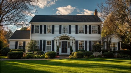 Fototapeta premium A two-story Colonial house with white siding and dark shutters The front yard is meticulously landscaped and the