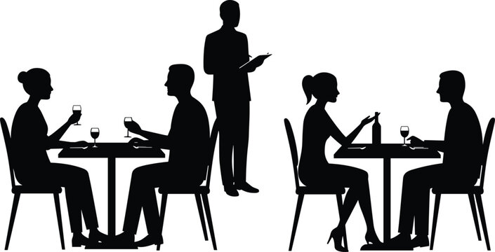 Black silhouettes of people dining at tables and a waiter taking an order in a restaurant