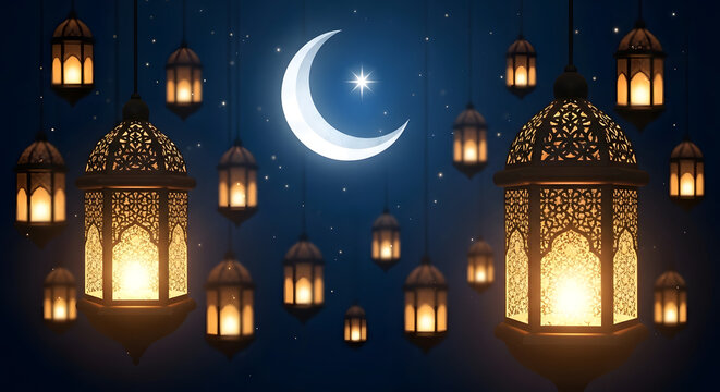 Glowing Islamic Lanterns and Crescent Moon in Starry Night. - Powered by Adobe