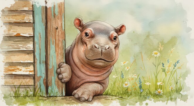 Hippo peeking from wooden structure