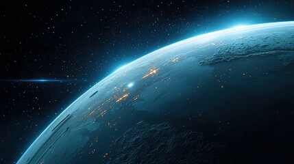 Obraz premium A view of planet Earth from space, showing the curvature of the planet with glowing city lights visible on the surface. The background is a dark sky filled with