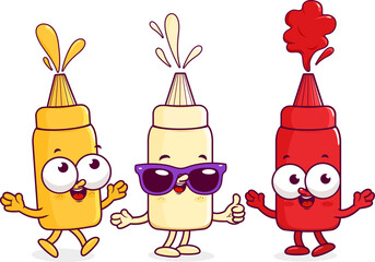 Fototapeta premium Cartoon bottles of tomato ketchup, mayonnaise and mustard for hot dog. Cute mayo, mustard, tomato ketchup condiment. Bottles of fast food sauce. Vector illustration