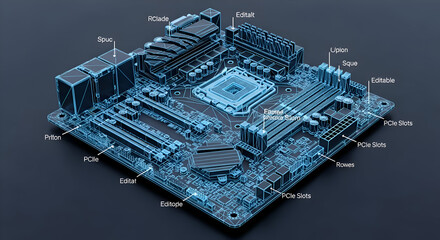 Stunning 3D blueprint visualization of a high-tech motherboard, showcasing intricate circuitry and components for futuristic innovation