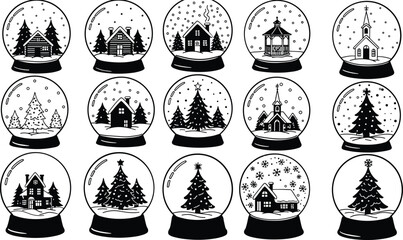 Collection of black and white winter scene snow globes with houses trees and churches