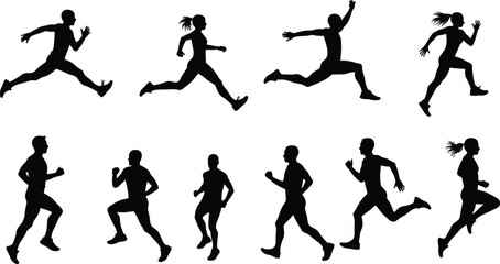 Collection of black human silhouettes in various running and jumping poses woman