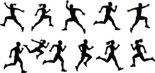 Collection of black running silhouettes of men and women in various dynamic poses