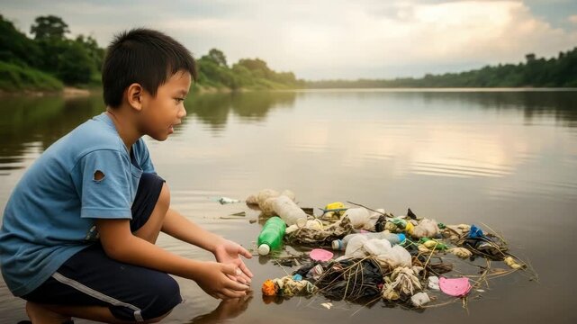 A child kneels by the river, looking at the trash floating in the water as the sun sets behind him