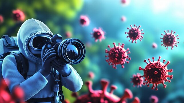 photographer taking pictures of germs, prevention in the work of a photographer in the context of the spread of the COVID-19 virus epidemic