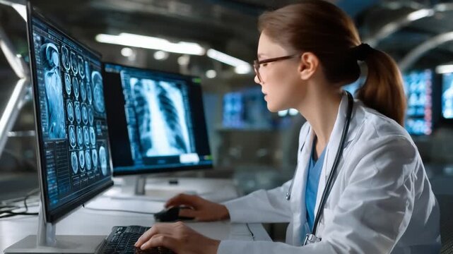 Medical Professional at Work: A focused doctor carefully analyzes digital X-ray images, demonstrating expertise and dedication in a modern medical setting.