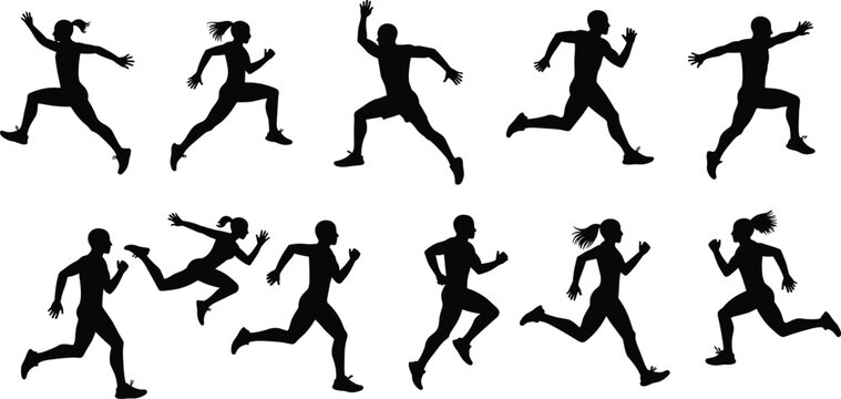 Collection of black running silhouettes of men and women in various dynamic poses