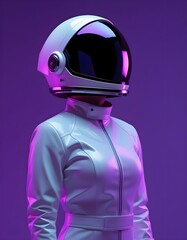 Futuristic woman astronaut model in upward-tilted profile pose with reflective visor