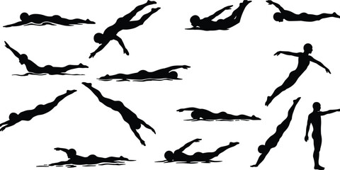 Collection of black silhouette swimmers and divers in various dynamic poses on white background