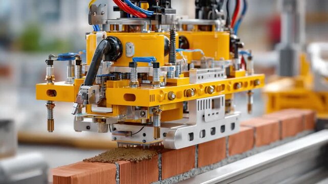 Automated Bricklaying Machine: A high-tech, robotic bricklaying machine meticulously constructs a wall, showcasing automation and innovation in construction.