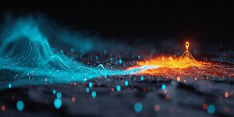 Abstract Terrain Map with Network Connections, Nodes, and Routes for Tech Communication Display
