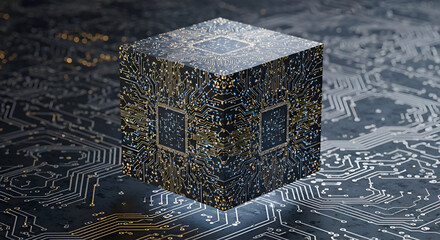 Stunning futuristic cube with intricate glowing circuit board patterns, symbolizing advanced technology and digital innovation in a dark, sophisticated setting.