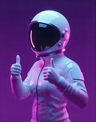 Futuristic woman astronaut model three-quarter pose with double thumbs-up gesture