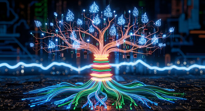 Abstract digital tree of life glows with vibrant blue and green energy, symbolizing growth, innovation, and interconnected technology.
