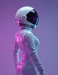 Futuristic woman astronaut model back-view profile glance in neon gradient light