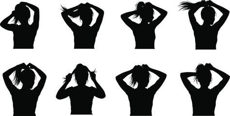 Eight black female silhouettes tying ponytails on white background woman hair