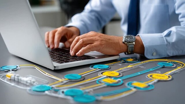 Strategic Precision: A skilled professional meticulously works on a laptop, a complex network of circuits displayed on the desk, illustrating technological advancement and operational ingenuity.