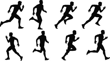 Eight black silhouettes of men running in various dynamic poses on a white background