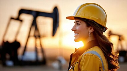 Industrious Woman in Oil Field: A determined female worker in a hard hat stands proudly at a vast industrial site, a symbol of strength and progress. bathed in the glow of the setting sun.
