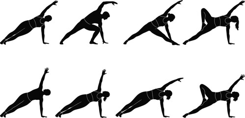 Eight Black Silhouettes of People Performing Various Yoga Poses on White Background