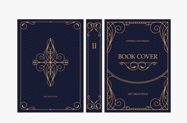 Fototapeta premium Classic vintage book cover and spine with gold and black art deco, art nouveau ornament, decorative frame, elegant retro style for classic publications, posters, artistic layouts