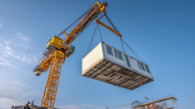 Construction crane lifts modular building unit at a busy construction site in bright daylight