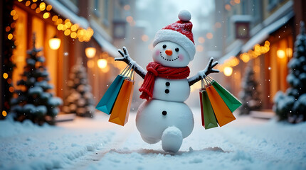 snowman running through a festive snowy street, holding bright shopping bags.