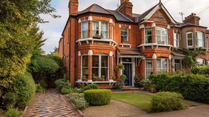 Obraz premium A Victorian semi-detached home with red brick exterior bay windows and tiled pathway complemented by manicured front hedges