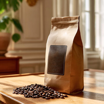 Bolsa de papel para caf&eacute; junto a granos sobre mesa de madera iluminada por luz natural interior