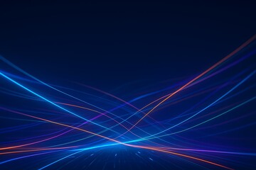 Dynamic curved laser lines crossing over technology grid, futuristic visualization of internet connection and information flow