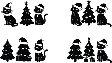 Four Silhouettes of Black Cats Wearing Santa Hats and Christmas Trees kitten feline