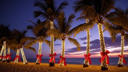Festive tropical sunset with palm trees illuminated by twinkling holiday lights by the ocean - Powered by Adobe