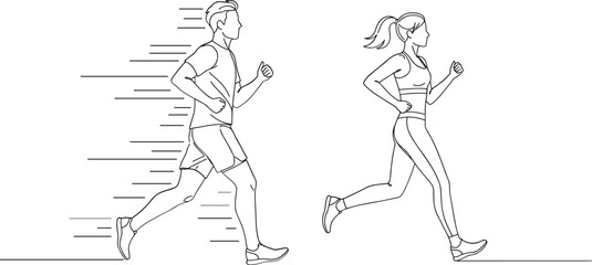 Line art illustration of a man and woman running side by side with motion lines vector