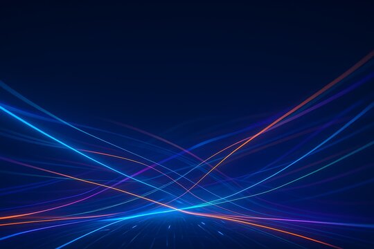 Dynamic curved laser lines crossing over technology grid, futuristic visualization of internet connection and information flow