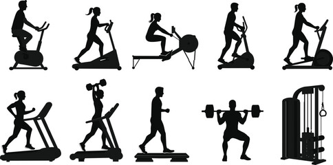 Silhouettes of people exercising on gym equipment and lifting weights fitness exercise