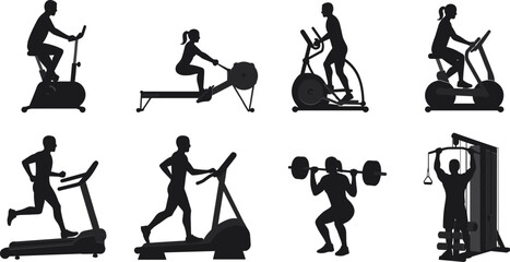 Silhouettes of people exercising on various gym equipment fitness exercise