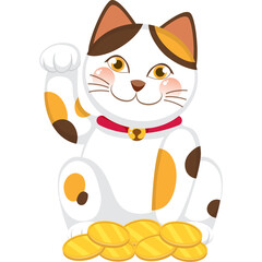 Pixel Art Maneki Neko Cat Waving Left Paw with Golden Coins Stack White Brown Orange Black Collar Red Bell Transparent Background