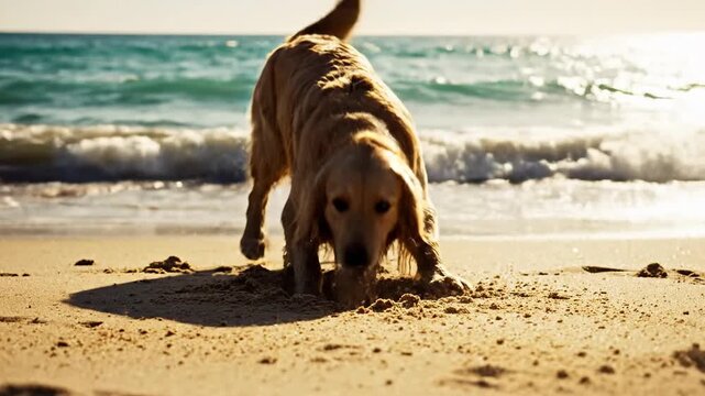 Dog plays on sunlit beach, digging in the sand near the ocean, facing forward with tail up