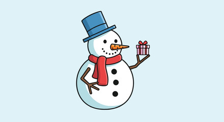 Snowman Holding a Tiny Gift Box Pastel Color Tones Flat Vector Bold Outlines